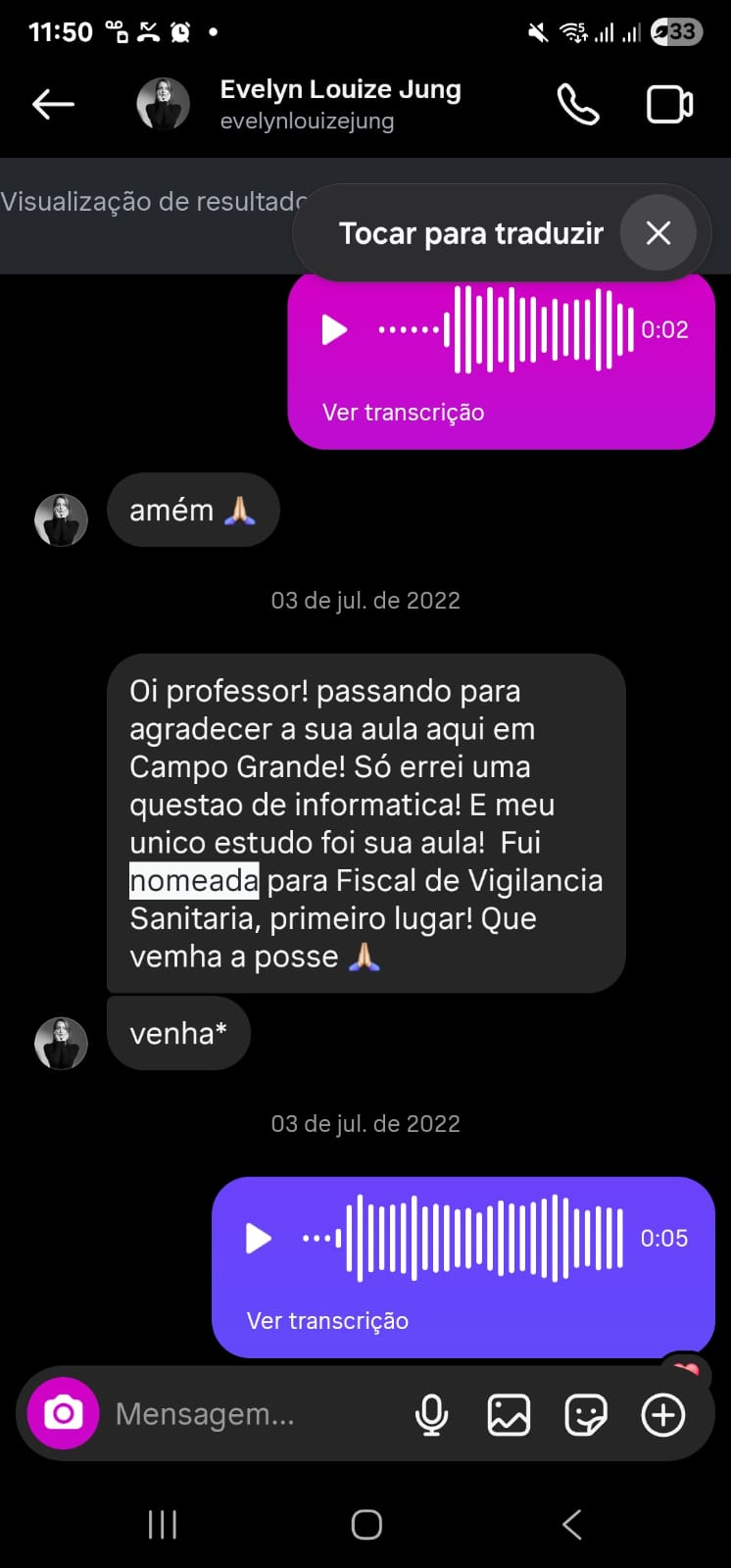 Print de conversa: Evelyn – Fiscal de Vigilância Sanitária